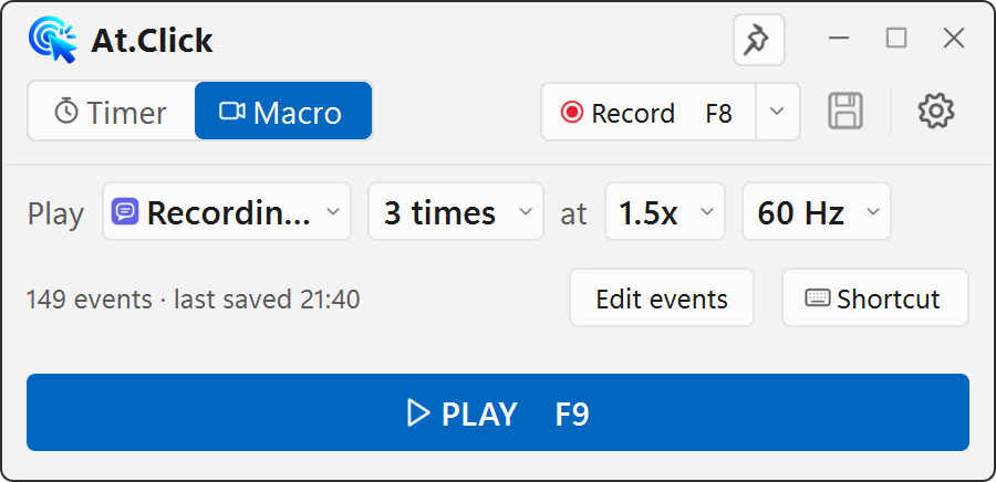 Compact AutoClicker macro controls with playback speed and event editing