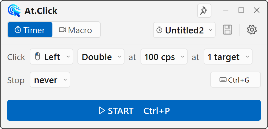 Compact AutoClicker timer with 100 CPS, target and shortcut controls