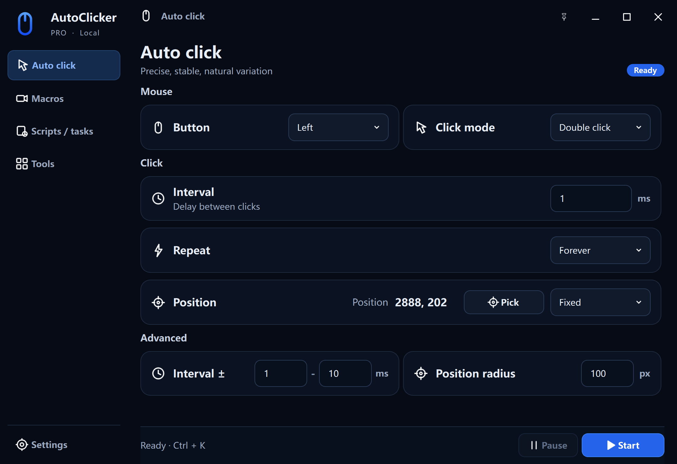 AutoClicker Pro auto click workspace with interval, repeat, fixed-position and natural variation controls