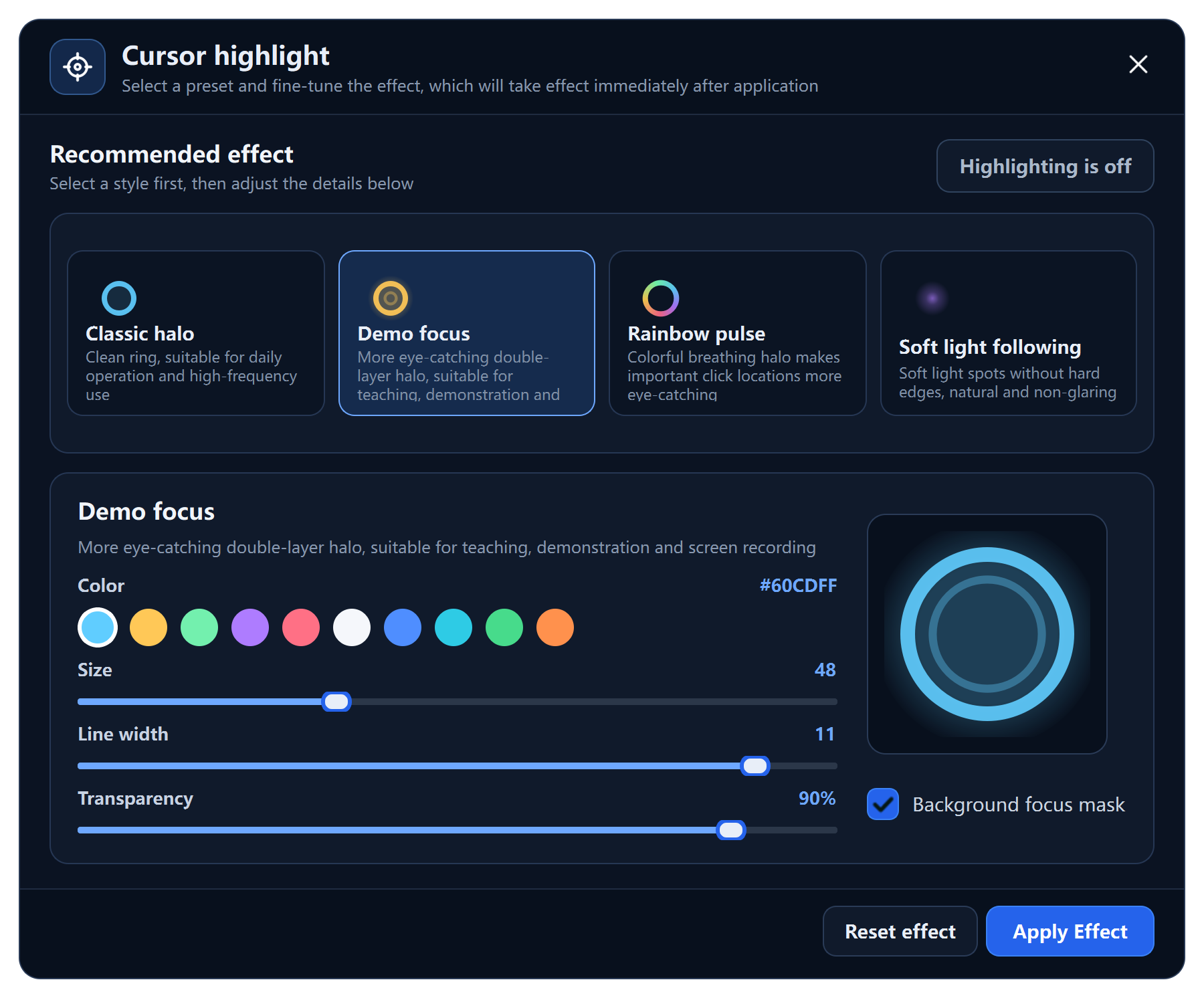AutoClicker Pro cursor highlight editor with four visual effects